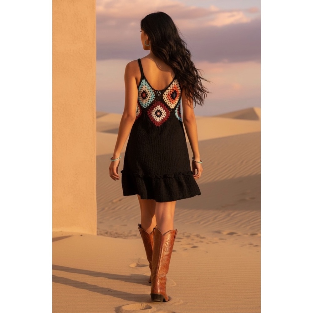 POL Black V Neck Sleeveless Crochet Dress | Boho Western Ruffle Hem Mini - Picture 3 of 7